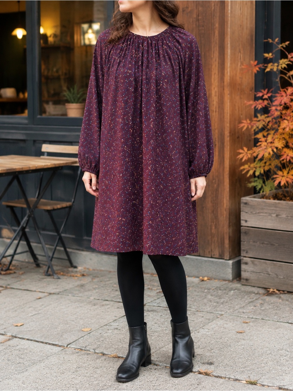 Oak + Fort Ditsy Floral Balloon Sleeve Shift Dress Size M Burgundy